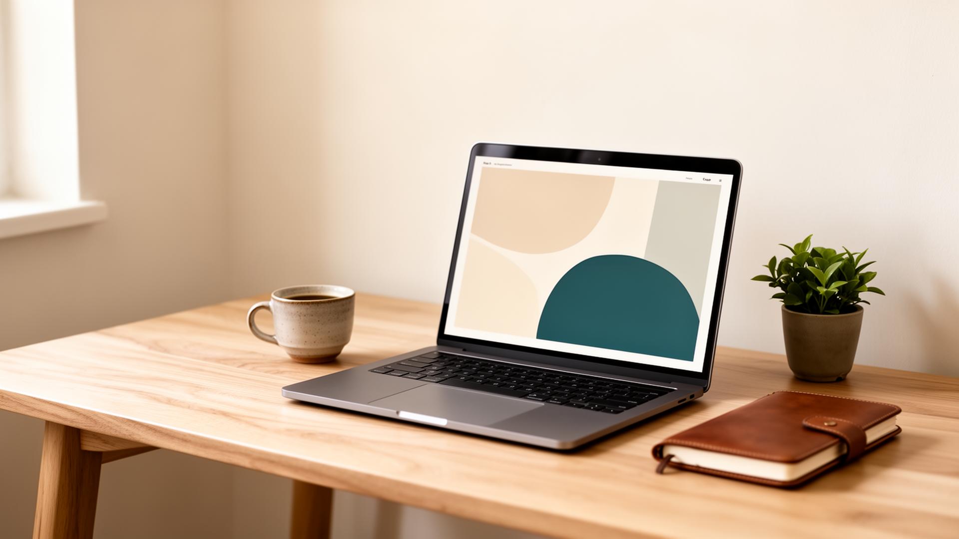 Rolig arbejdsplads med laptop, kaffekop og notesbog